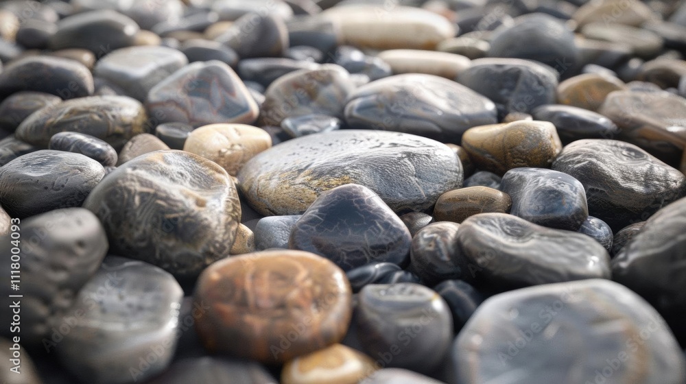 A close-up view of various smooth stones on a surface. A close-up view of various smooth stones on a surface.