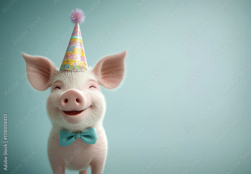 Obraz premium A creative concept featuring a pig, piggy, or piglet wearing a party cone hat, necklace, and bowtie outfit, set against a solid pastel background, with space for text, ideal for a birthday party