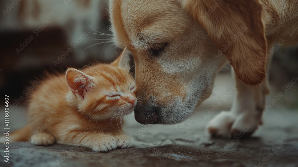 Zärtliche Tierfreundschaft: Hund und Katze kuscheln innig, emotionale Verbundenheit und Zuneigung in warmherzigem, liebevollem Moment Zärtliche Tierfreundschaft: Hund und Katze kuscheln innig, emotionale Verbundenheit und Zuneigung in warmherzigem, liebevollem Moment