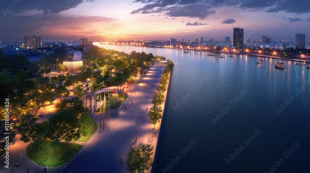 Fototapeta premium Sunset Over River with City and Highway Lights