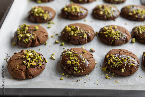 Chocolate Cookies Covered with Chocolate and Sprinkled with Chopped Pistachios – Perfect for Christmas 