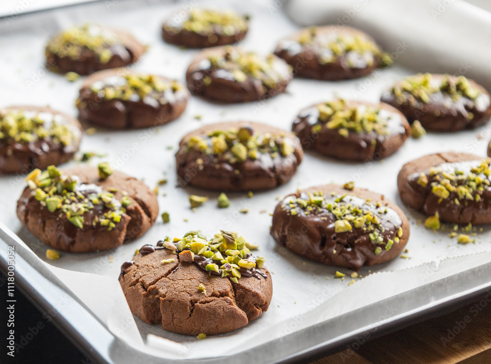 Chocolate Cookies Covered with Chocolate and Sprinkled with Chopped Pistachios – Perfect for Christmas Chocolate Cookies Covered with Chocolate and Sprinkled with Chopped Pistachios – Perfect for Christmas