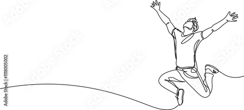 continuous single line drawing of cheerful man jumping, line art vector illustration