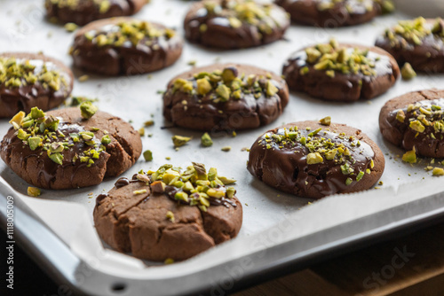 Chocolate Cookies Covered with Chocolate and Sprinkled with Chopped Pistachios – Perfect for Christmas 