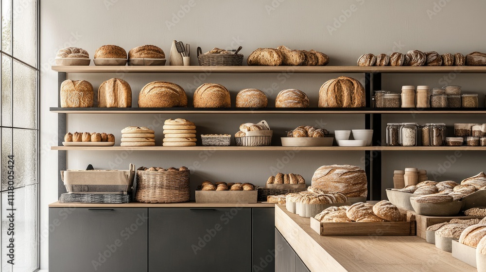 Freshly Baked Bread Display in Bakery Freshly Baked Bread Display in Bakery