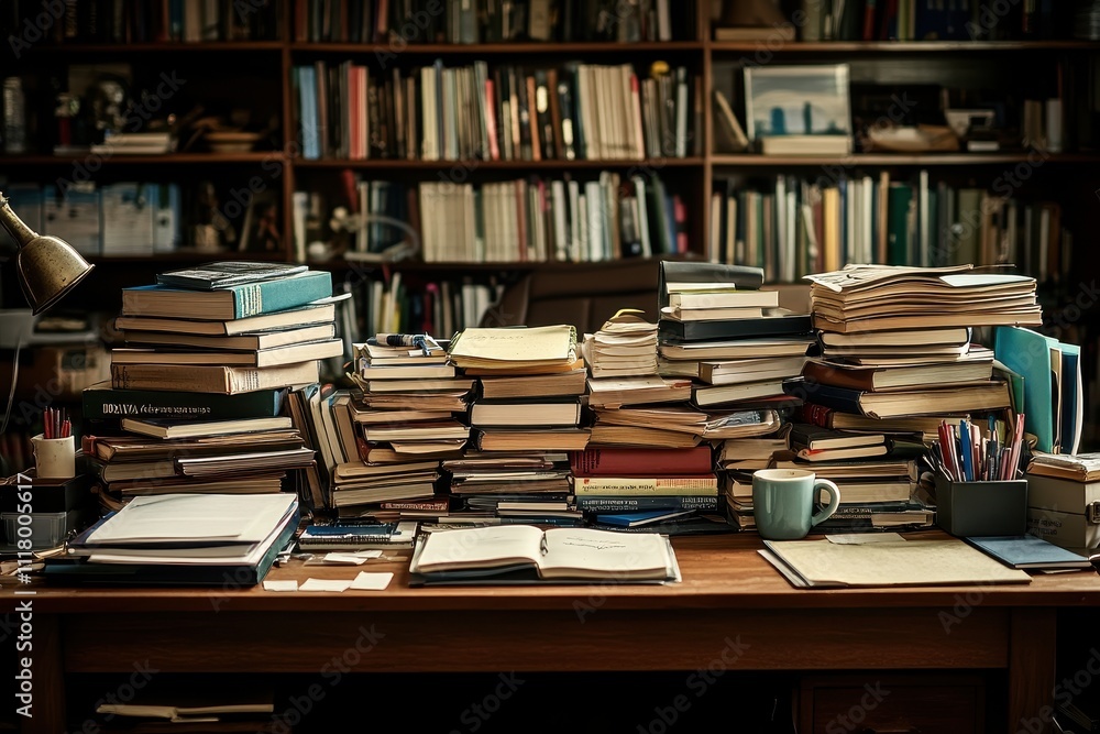 Cozy Library Workspace with Stacks of Books and Stationery on a Wooden Desk in a Quiet Study Room Cozy Library Workspace with Stacks of Books and Stationery on a Wooden Desk in a Quiet Study Room