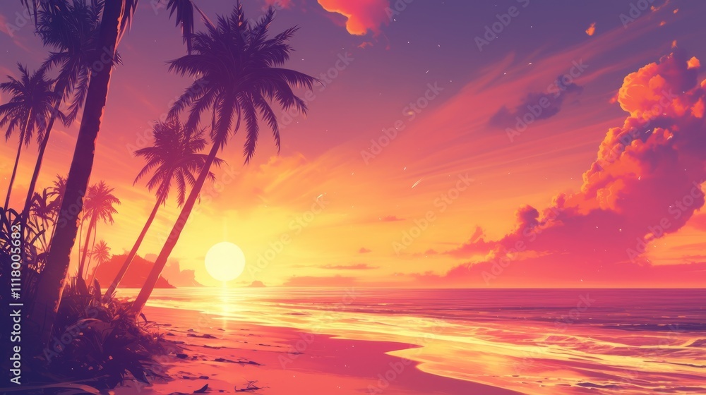 Vibrant sunset over tropical beach with palm trees. (1) Vibrant sunset over tropical beach with palm trees. (1)