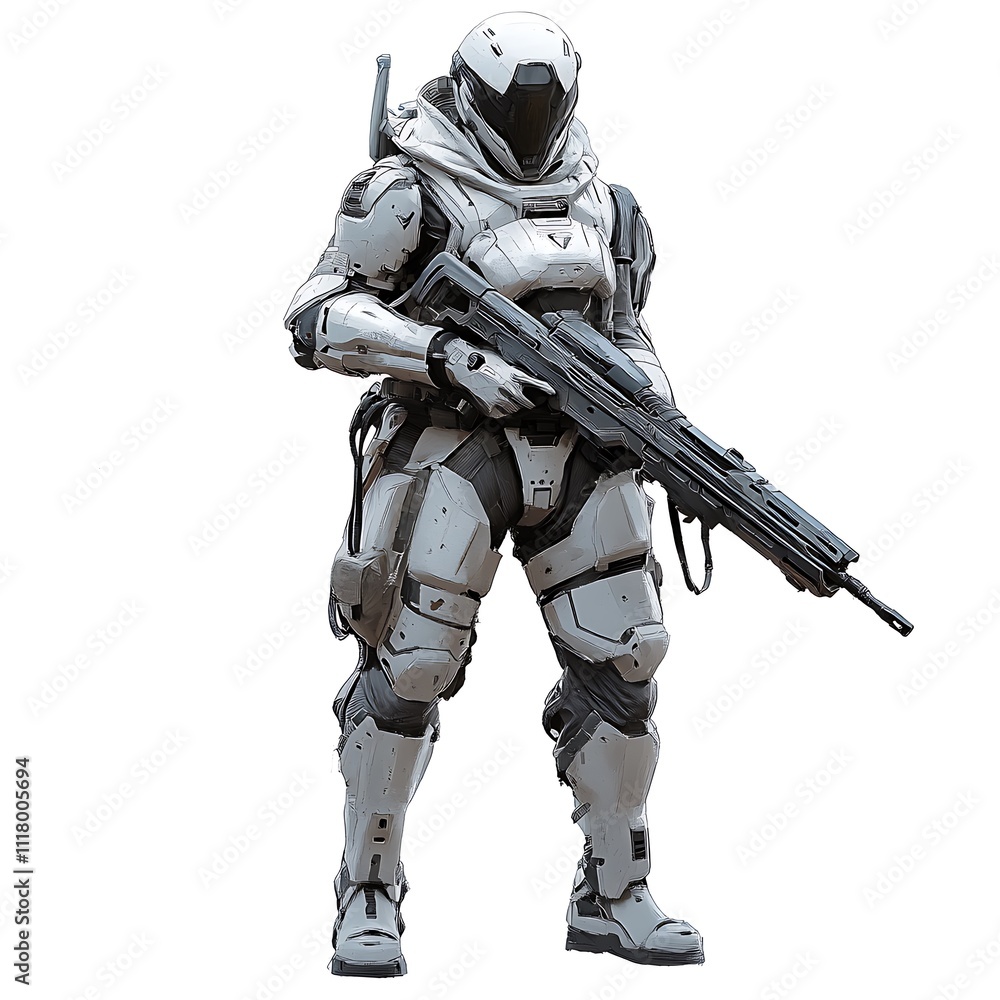 Gaming character in advanced combat armor, holding a futuristic rifle on a white background Gaming character in advanced combat armor, holding a futuristic rifle on a white background