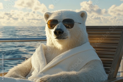 A polar bear character sunbathing on a deckchair, sipping a fresh cold drink on a tropical summer vacation, Stock. photo