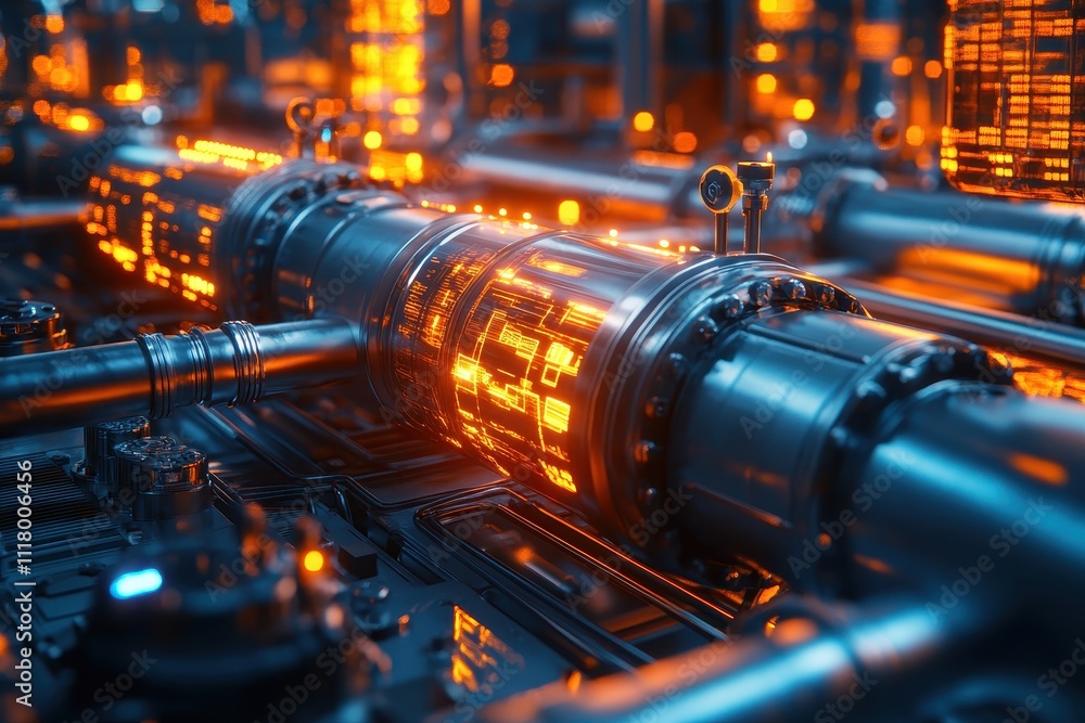 Futuristic Industrial Pipeline with Glowing Digital Interface in a High-Tech Environment Futuristic Industrial Pipeline with Glowing Digital Interface in a High-Tech Environment