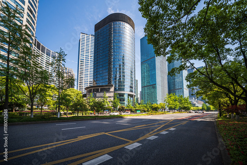 Modern Urban Landscape with Skyscrapers and Lush Greenery