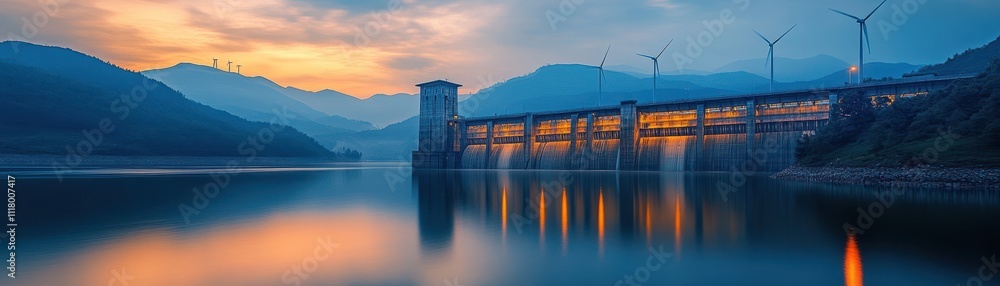 Stunning Sunset Over Modern Hydroelectric Dam with Wind Turbines and Reflective Water in Mountainous Landscape Stunning Sunset Over Modern Hydroelectric Dam with Wind Turbines and Reflective Water in Mountainous Landscape