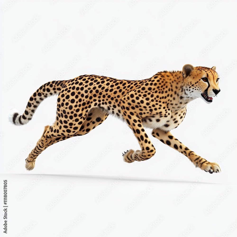 A stunning cheetah, a big cat, races towards the camera, isolated on a transparent PNG background, generated by AI.