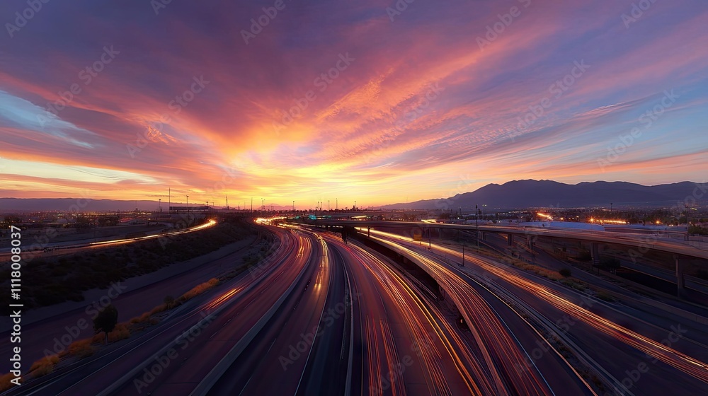 Sunset Over Freeway Junction with Vibrant Sky Sunset Over Freeway Junction with Vibrant Sky
