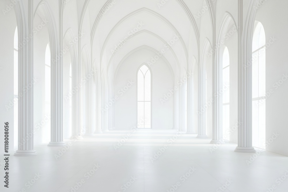 White interior architecture with columns, arched windows. Modern design. Abstract. Empty space for design inspiration. Future building concept. Architectural render. Minimalist interior. Elegant, White interior architecture with columns, arched windows. Modern design. Abstract. Empty space for design inspiration. Future building concept. Architectural render. Minimalist interior. Elegant,
