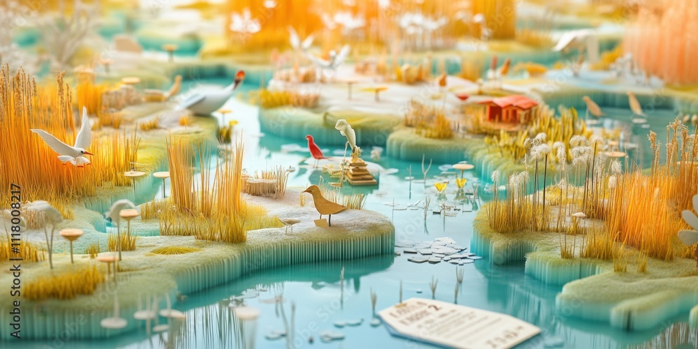 Miniature Paper Landscape: A Serene Wetland Ecosystem with Birds and Houses Miniature Paper Landscape: A Serene Wetland Ecosystem with Birds and Houses