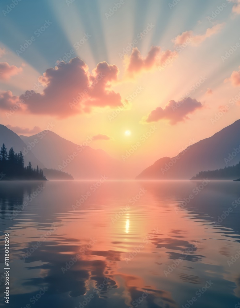 Fototapeta premium Sunrise reflects on calm lake. Misty mountains rise above tranquil water. Sky ablaze with soft colors. Peaceful morning light bathes landscape. Natural beauty at sunrise. Tranquil lake scene. Scenic