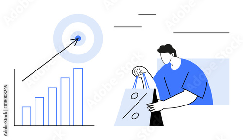 Graph showing upward trend in sales with arrow hitting bullseye, individual holding shopping bags with discount symbol. Ideal for marketing, sales growth, e-commerce, consumer behavior, goal setting