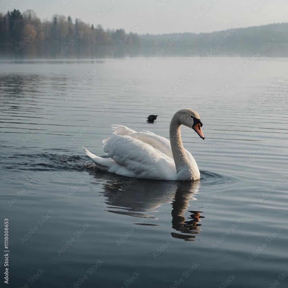 Naklejka premium A graceful swan gliding across a serene lake in a minimalist illustration style