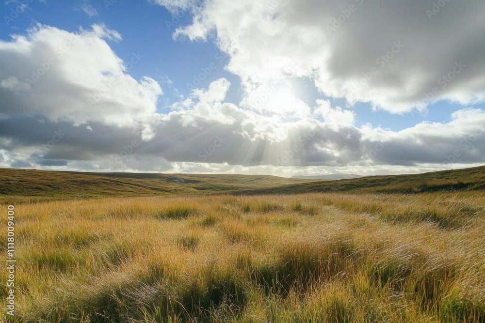 A serene landscape with golden grass under a bright, cloudy sky. A serene landscape with golden grass under a bright, cloudy sky.