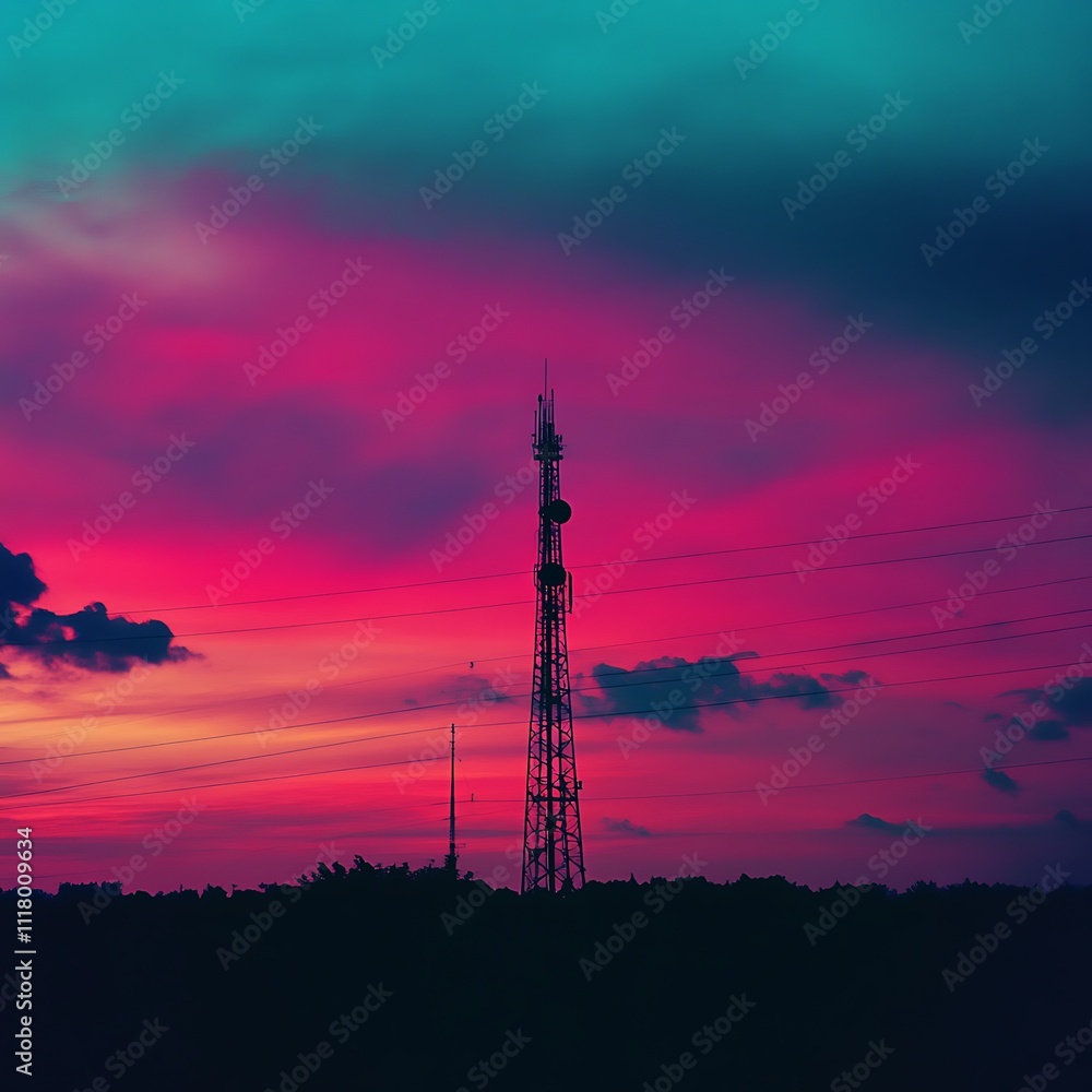 Silhouetted communication tower against vibrant pink and teal sunset sky. Silhouetted communication tower against vibrant pink and teal sunset sky.