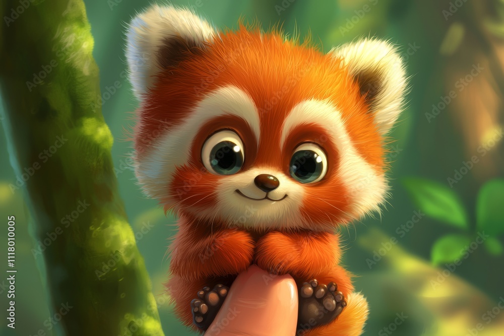 Cute. A tiny red panda cub rests on a human finger, against a blurred backdrop of its natural environment. Cute. A tiny red panda cub rests on a human finger, against a blurred backdrop of its natural environment.