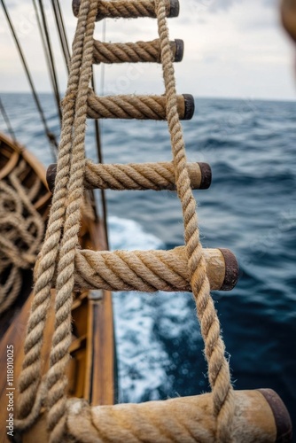 A close-up of a rope ladder on a sailing vessel over the ocean.