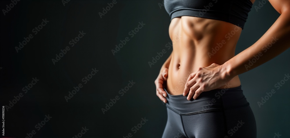 Fototapeta premium Fit woman in gym wear shows off toned stomach muscles. Studio shot against dark background creates copy space. Strong bodybuilder style. Healthy lifestyle photo. Image suitable for fitness magazines,