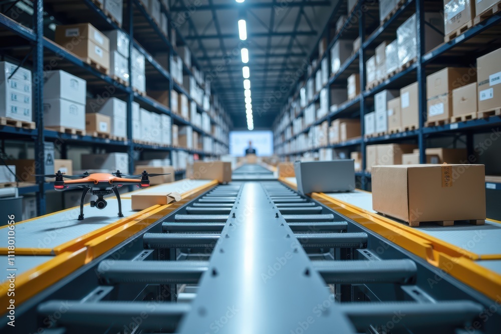 Advanced Automation in a Modern Warehouse with a Drone and Streamlined Conveyors Enhancing Efficiency and Productivity in Inventory Management Advanced Automation in a Modern Warehouse with a Drone and Streamlined Conveyors Enhancing Efficiency and Productivity in Inventory Management