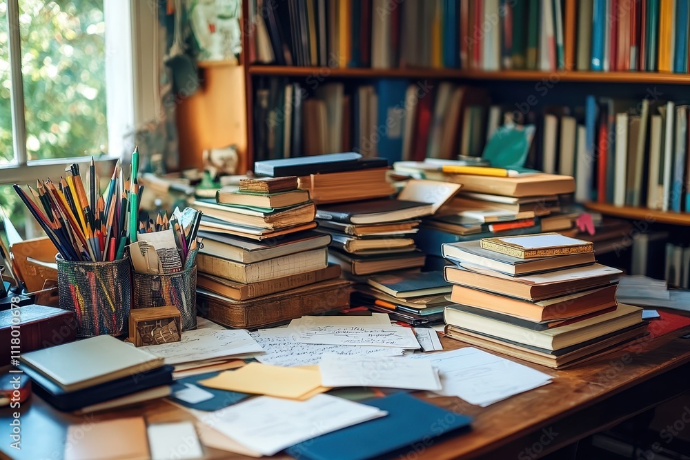 Cozy Home Office with Stacks of Books and Stationery on Wooden Desk by Sunlit Window in a Colorful Library Setting Cozy Home Office with Stacks of Books and Stationery on Wooden Desk by Sunlit Window in a Colorful Library Setting