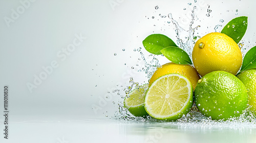 Fresh lemons and limes with splashes of water create a vibrant, juicy scene, perfect for representing freshness and vitality.