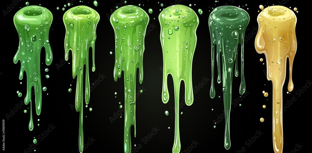Green slime paint drips, eerie splash drop border, and frightening dripping Halloween decorative stain. Green slime paint drips, eerie splash drop border, and frightening dripping Halloween decorative stain.