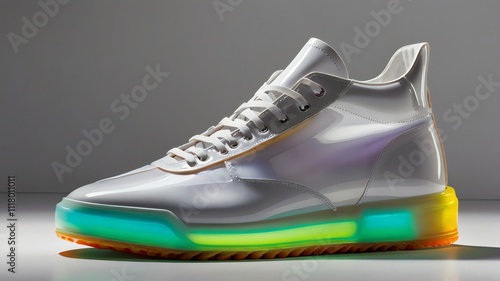 A white high top sneaker with a translucent, colorful sole