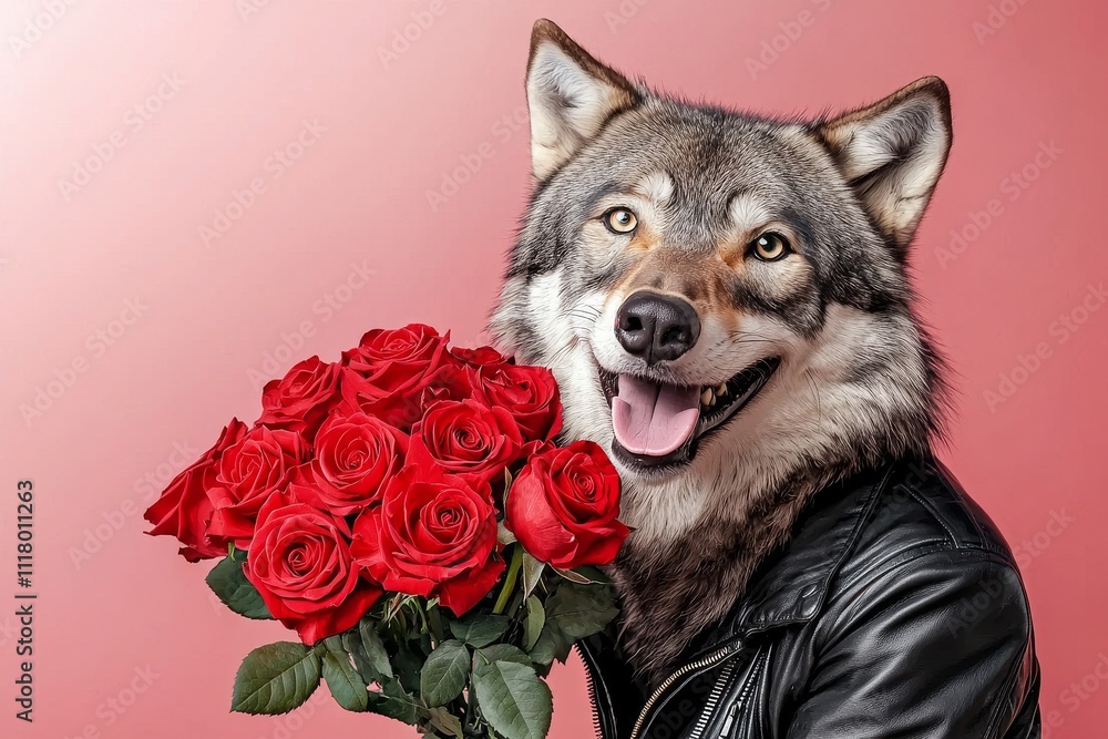 A hyperrealistic anthropomorphic cyberpunk wolf, depicted as a wild animal, wearing a leather jacket and holding a bouquet of flowers against a simple blue backdrop. A hyperrealistic anthropomorphic cyberpunk wolf, depicted as a wild animal, wearing a leather jacket and holding a bouquet of flowers against a simple blue backdrop.