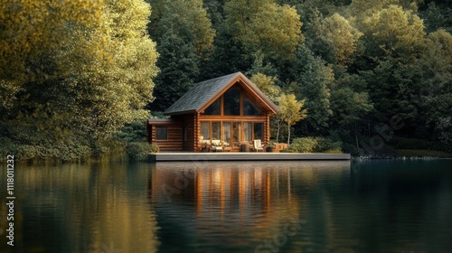 Wallpaper Mural Serene lakeside cabin surrounded by lush greenery and calm water. Torontodigital.ca