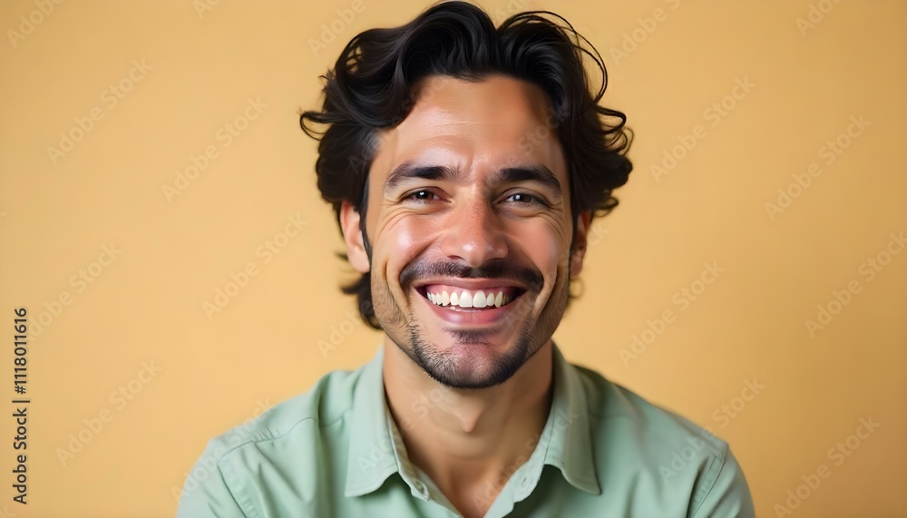Obraz premium A cheerful Hispanic man smiling with his teeth showing on a simple beige background