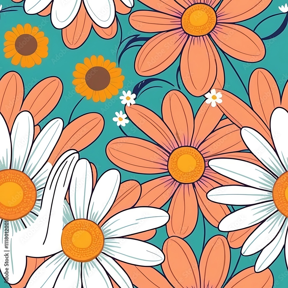 Floral Delight: A vibrant and cheerful seamless pattern featuring a playful mix of peach and white daisies on a teal background. The flowers are arranged in a whimsical, layered design. Floral Delight: A vibrant and cheerful seamless pattern featuring a playful mix of peach and white daisies on a teal background. The flowers are arranged in a whimsical, layered design.