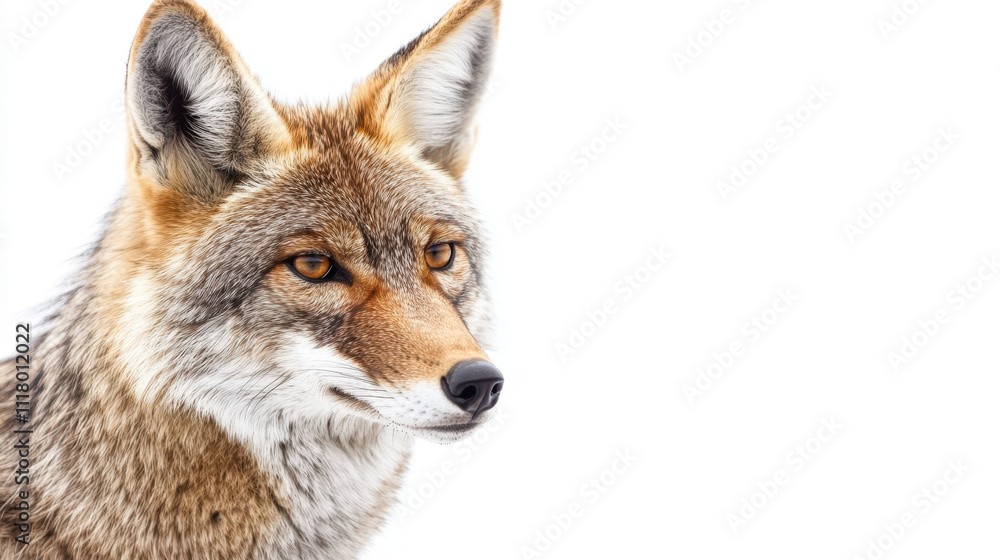Close-up of a coyote with alert eyes and sharp ears, set against a stark white background, showcasing its detailed fur and keen expression. Close-up of a coyote with alert eyes and sharp ears, set against a stark white background, showcasing its detailed fur and keen expression.