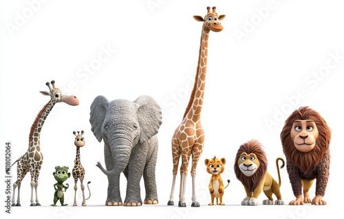 A collection of adorable, joyful 3D cartoon wild animals in a safari theme, set against a white background, in PNG format. photo