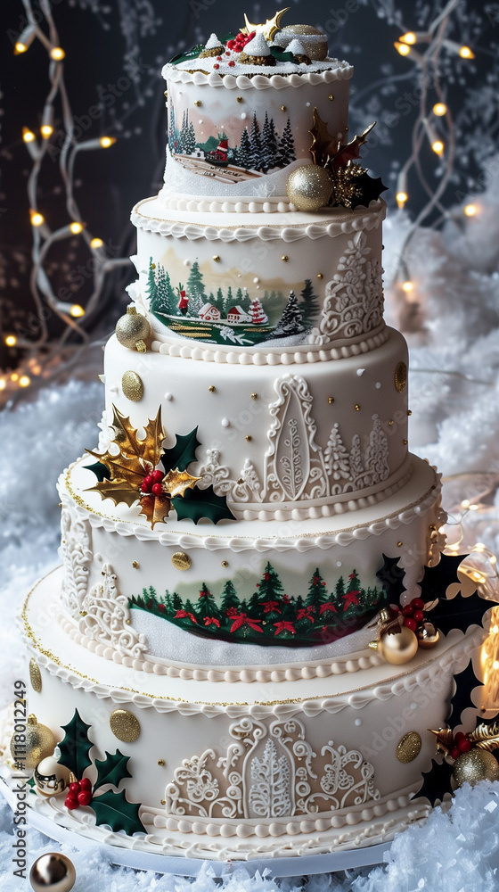 A luxurious multi-tiered Christmas cake adorned with intricate fondant details and festive decorations. A luxurious multi-tiered Christmas cake adorned with intricate fondant details and festive decorations.
