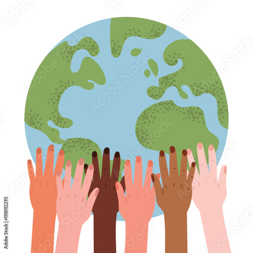 Different hands reaching for the Earth symbolize unity, diversity and global connection. Hand-drawn style. Vector illustration on white isolated background.