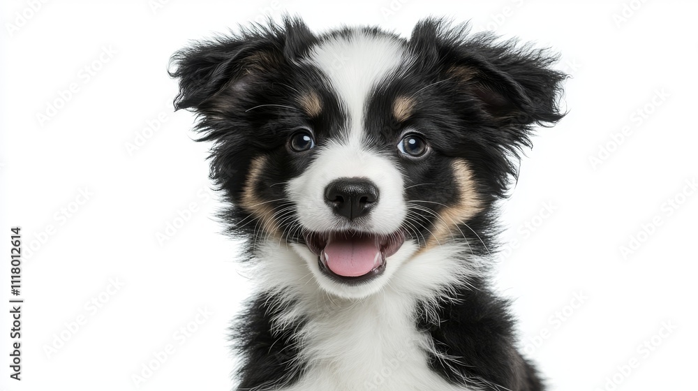A delightful photograph capturing a cute puppy's joyful expression on a white background, highlighting its playful and endearing character in animal photography. A delightful photograph capturing a cute puppy's joyful expression on a white background, highlighting its playful and endearing character in animal photography.