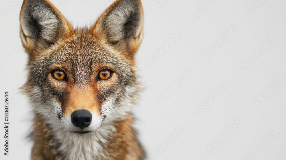 Fototapeta premium Close-up portrait of a fox with striking orange eyes and a soft fur coat against a simple white background.