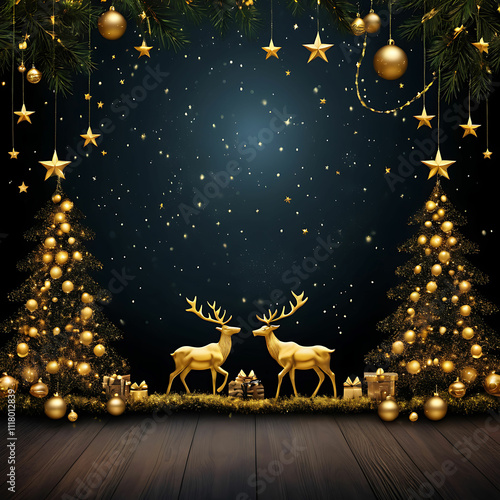 Festive Christmas Border: Reindeers, Bells, and Tree with Golden Lights and Stars