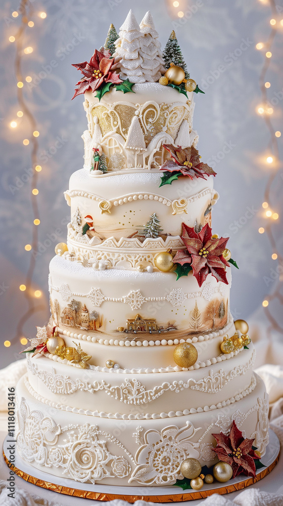 A stunning multi-tiered Christmas cake with snowy white frosting, detailed with fondant decorations like sugar poinsettias, intricate lace patterns, and hand-painted winter scenes. A stunning multi-tiered Christmas cake with snowy white frosting, detailed with fondant decorations like sugar poinsettias, intricate lace patterns, and hand-painted winter scenes.