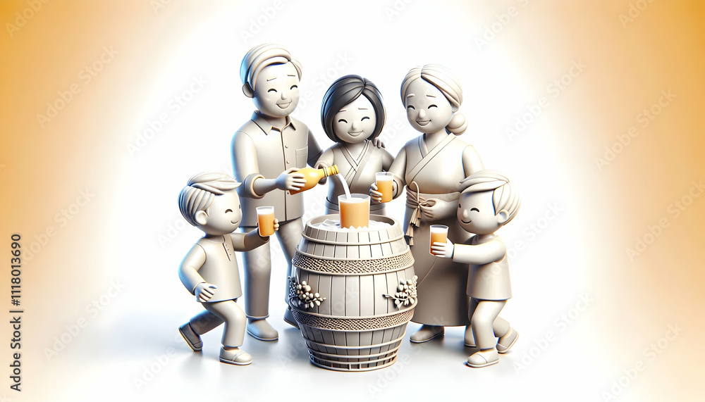 Naklejka premium 3D Candid Family Sharing Hangover (Traditional Seollal Drink) concept as A family sharing hangover traditional Seollal drink during festive celebration capturing moments of bonding and cultural tradit