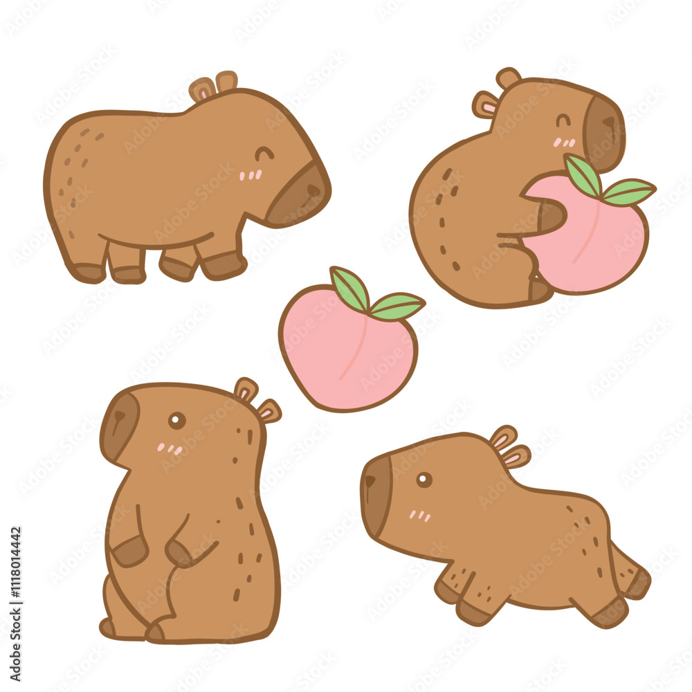 Fototapeta premium Set of Cute Cartoon Capybara Illustration