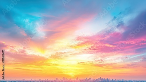 A vibrant sunset paints the sky with hues of pink, orange, and blue, illuminating the horizon with a stunning display of color and tranquility.