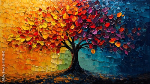 A vibrant tree with colorful leaves dangling from its branches, ideal for a bright 3D abstraction wallpaper for interior mural painting walls.