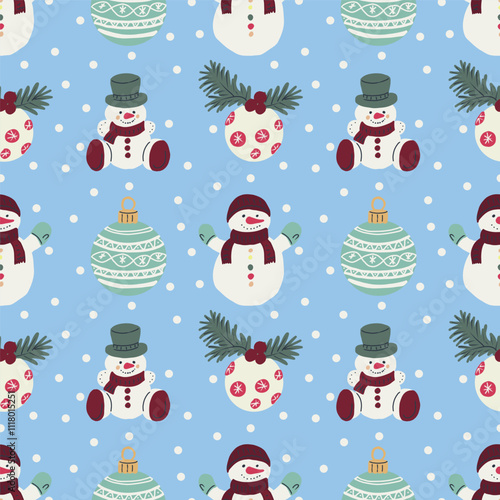 Hand drawn vector Christmas seamless pattern. Gift box, Santa Claus, snowman, Christmas ornaments.
